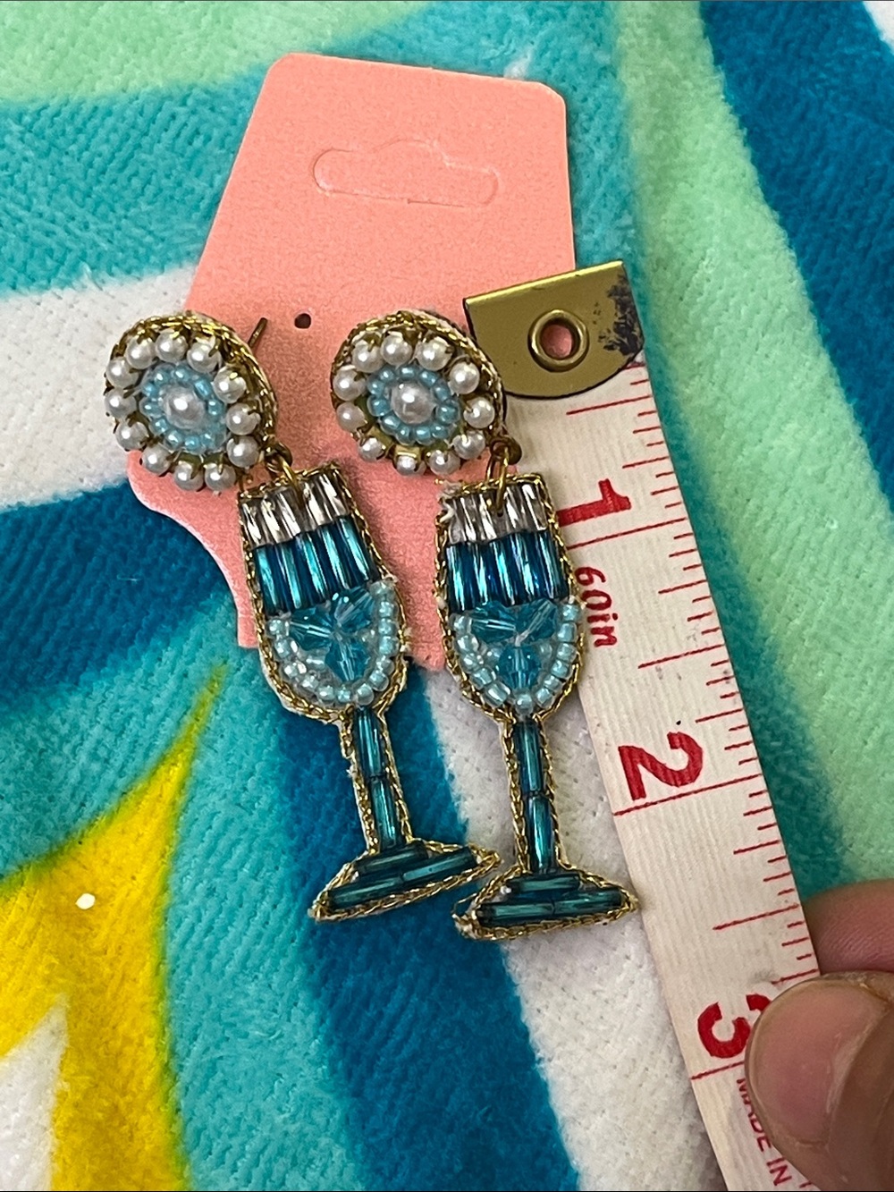 Hand Crafted Teal and White Beaded Champagne Glass Drop Earrings - Picture 4 of 6